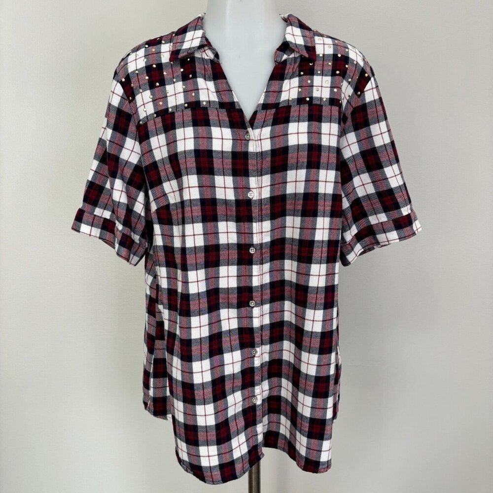 Christopher & Banks Top XL Red White Blue Plaid Flannel Button-Front Shirt Women